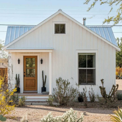 Night view of a backyard ADU with outdoor lighting